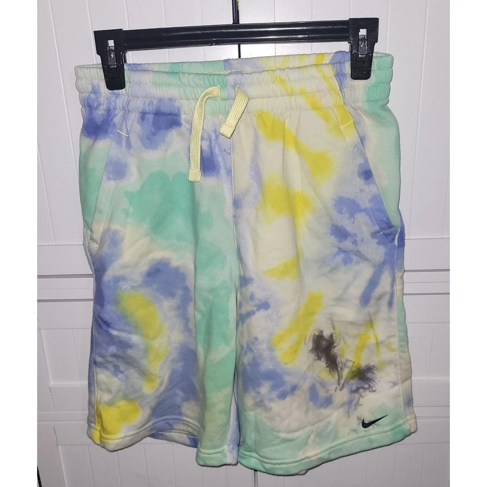 Nike‎ Big Boys Fleece Tie Dye Shorts Blue Yellow Green XL Swoosh Logo Drawstring